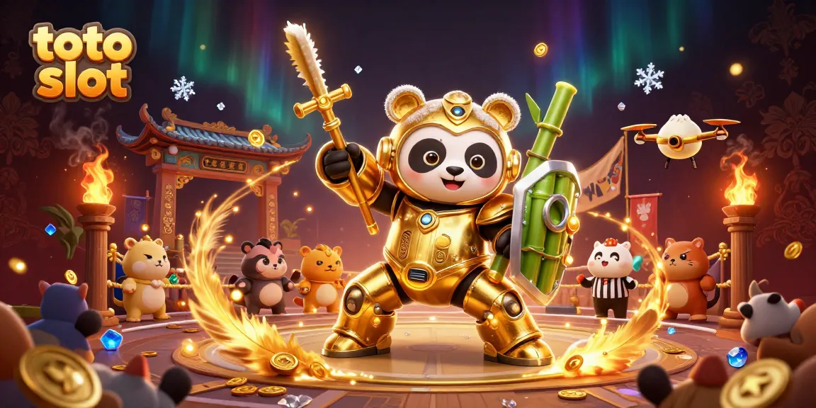 Experience thrilling spins and jackpots with toto slot in a lively casino arena, featuring animated characters.