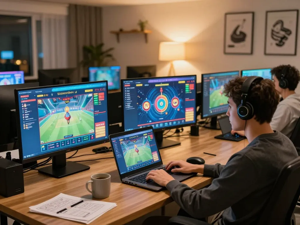 Engage in kdslot gaming strategy at a home office with multiple screens displaying game interfaces