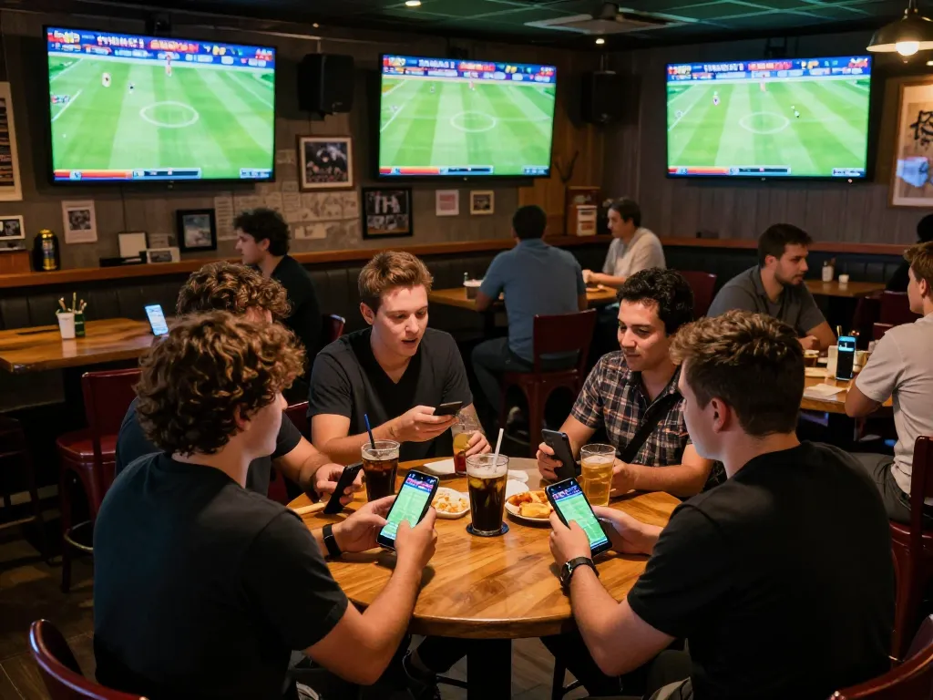 Soi kèo bóng đá excitement at a packed sports bar with bettors engaging in live match bets.