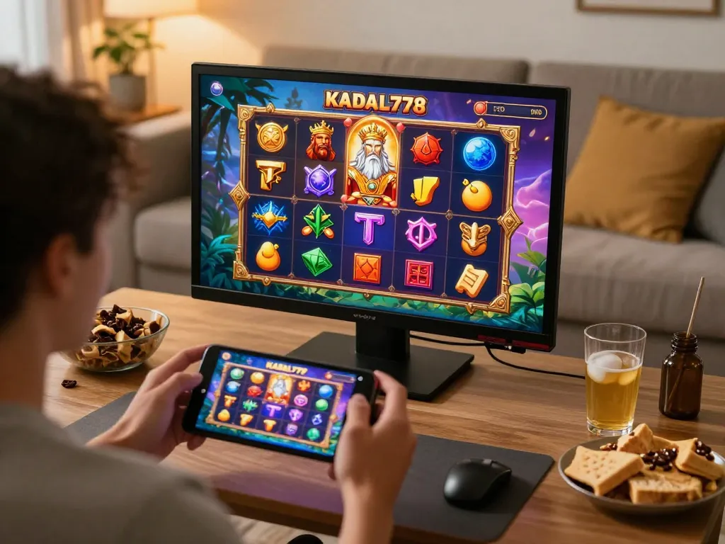 KADAL778 player engaging in Greek mythology-themed slot game at home, creating an exciting online gambling atmosphere