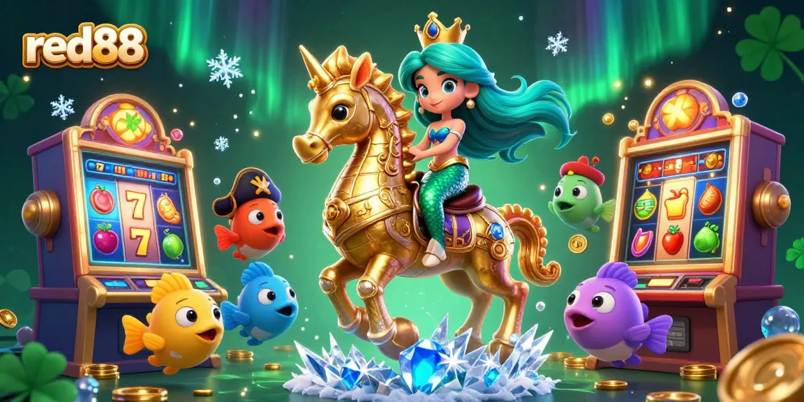 Experience the thrill of red88 with a colorful casino scene featuring 3D characters and slot games.