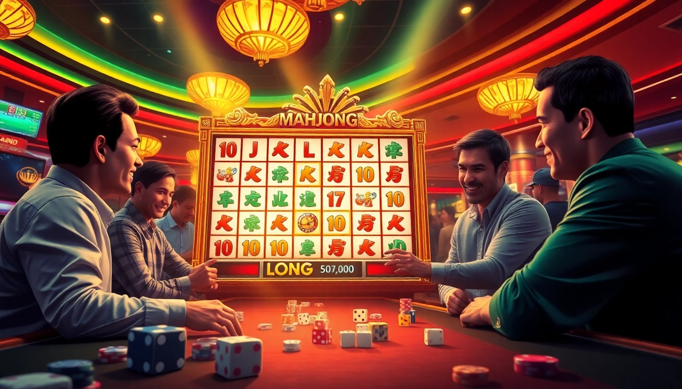 Players engaging with the slot mahjong ways machine, enjoying a vibrant casino atmosphere filled with excitement.