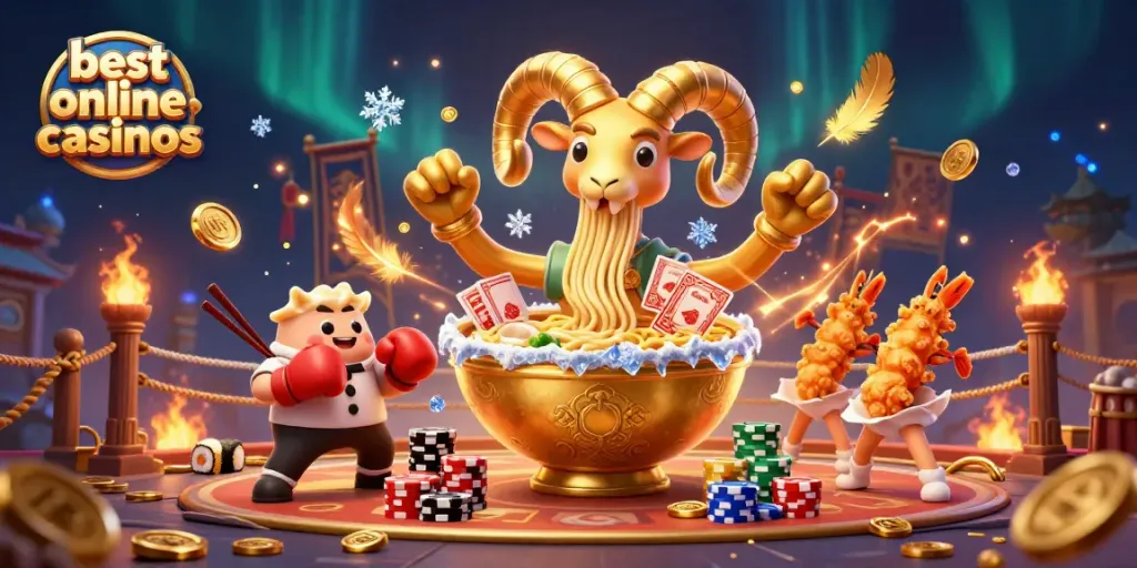 Join the fun at the best online casinos with a whimsical scene featuring a golden ramen bowl and themed characters.