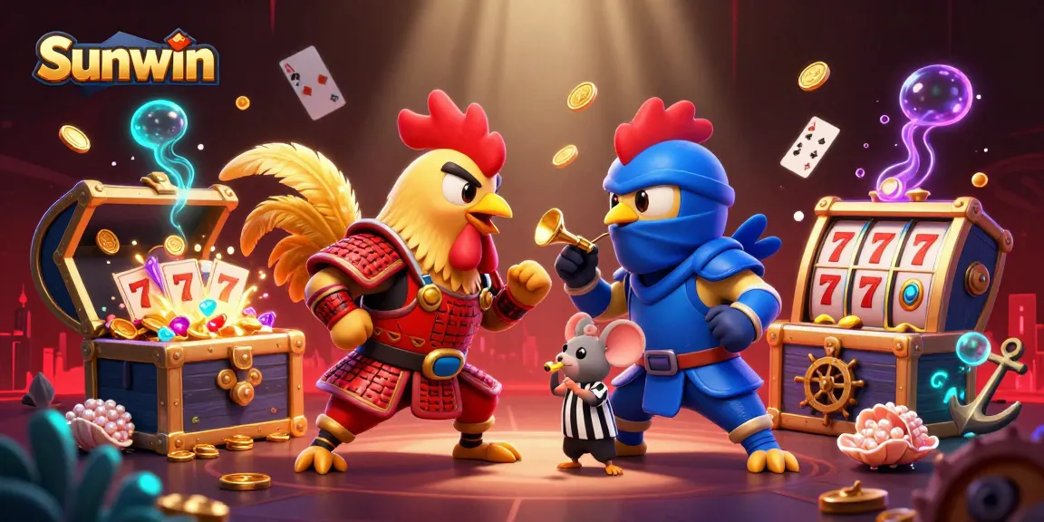 Sunwin features twin fighting roosters in an action-packed casino scene bursting with gold and vibrant game elements.