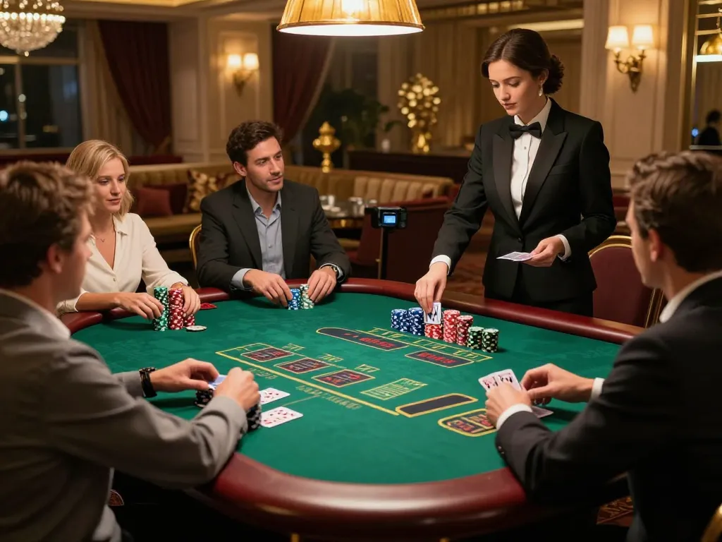 Players engage in strategic betting at an n188 blackjack table with luxurious decor and warm lighting.