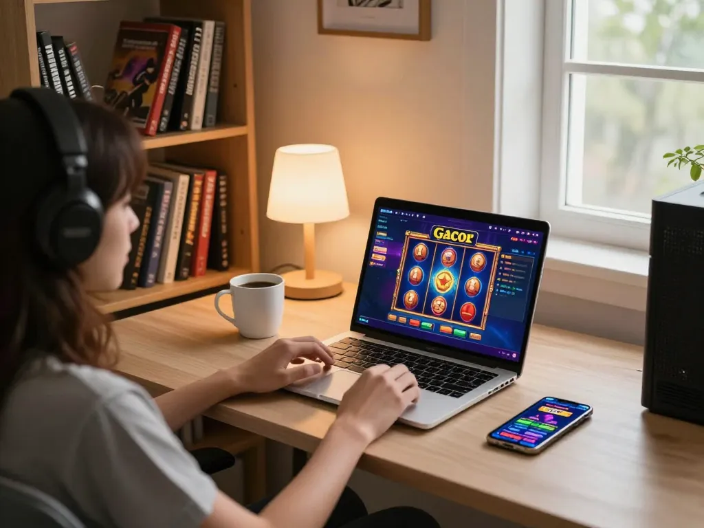 Engaging in slot gacor gameplay on a laptop at home, showcasing a stylish online gambling setup.