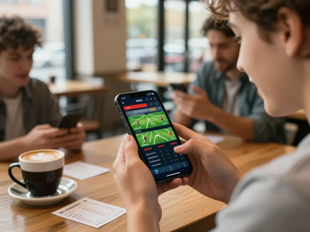 Exciting online sports betting experience on king33 with smartphone, cozy coffee shop setting.