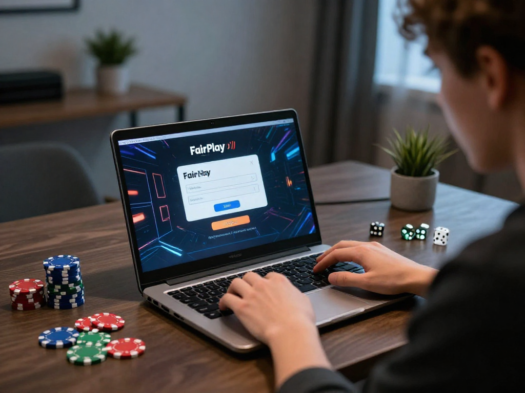 Engaging in the FairPlay login process on a laptop surrounded by gaming elements.