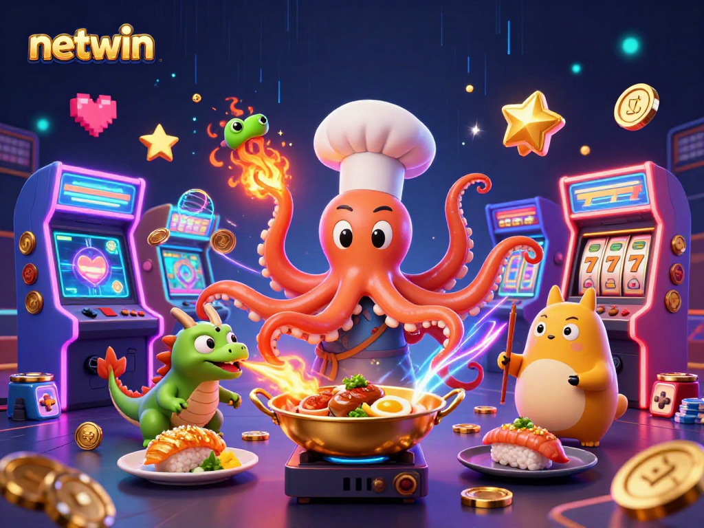 Win big with Netwin's exciting gaming experience featuring vibrant arcade elements and colorful characters.