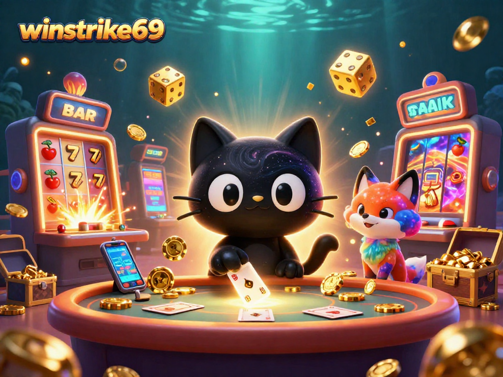 Engage with winstrike69 at a vibrant cosmic casino featuring a black hole cat and colorful nebula fox.