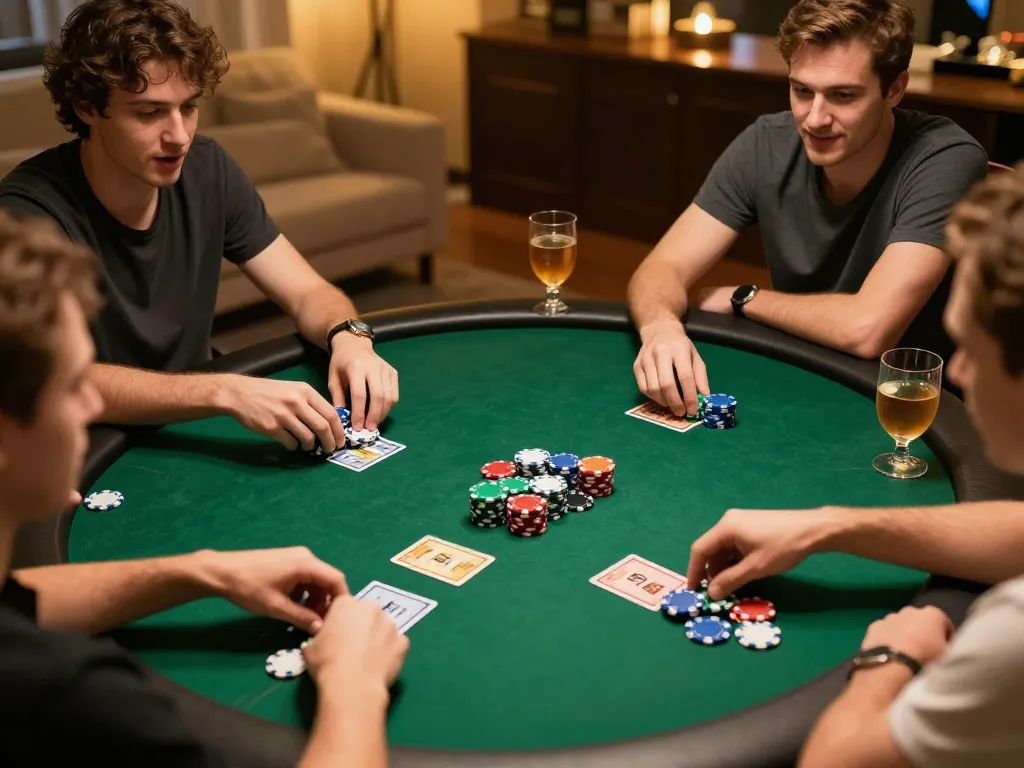Engaged players in a cozy home poker night, showcasing nhà cái cm88 gaming strategies and exciting hand actions.