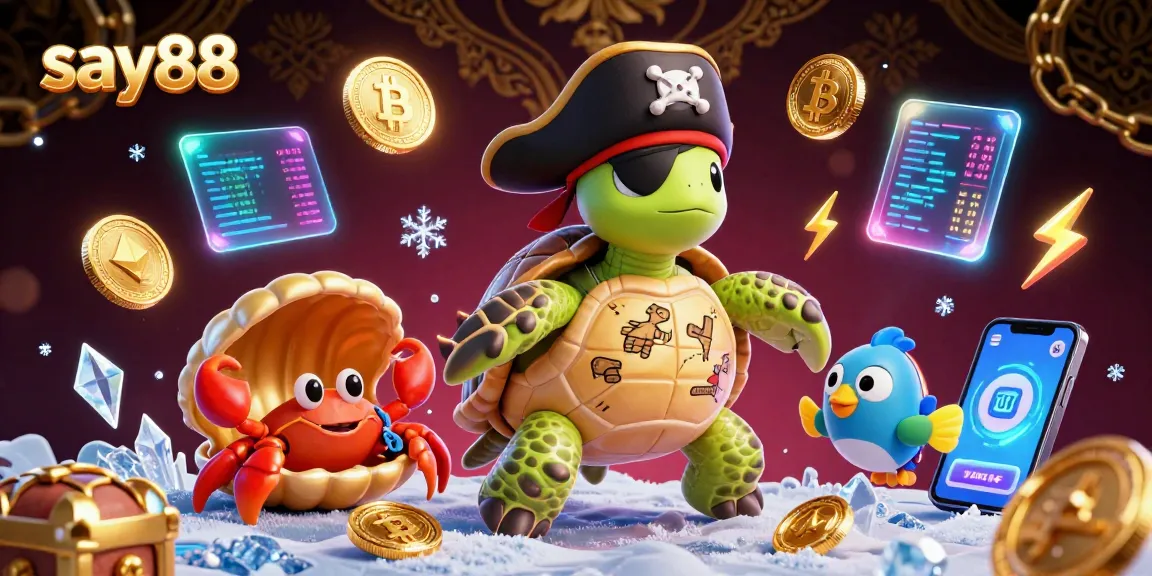 Experience the thrill of say88 with a vibrant casino scene featuring a pirate turtle, hermit crab, and parrotfish amidst glowing crypto coins.