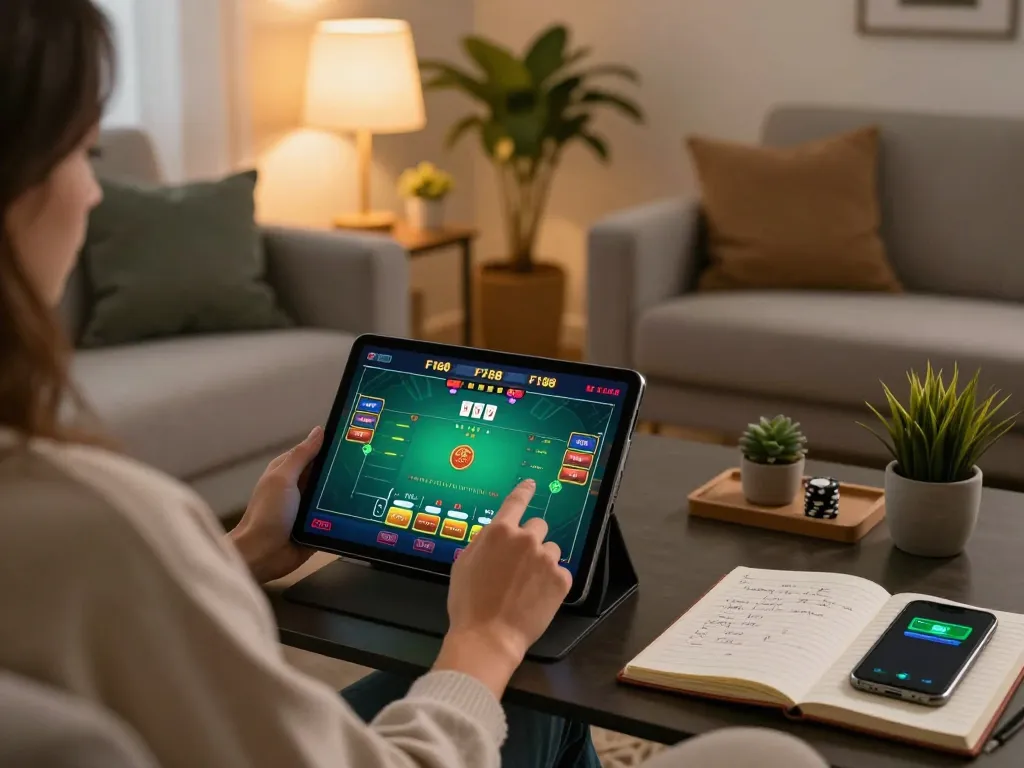 Engaging in responsible gambling at F168 using a tablet for online poker amidst a cozy home atmosphere.