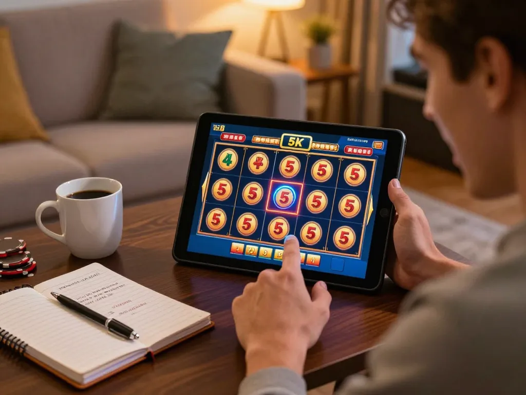 Immerse in a thrilling slot 5k game on a tablet, capturing excitement and cozy home vibes.