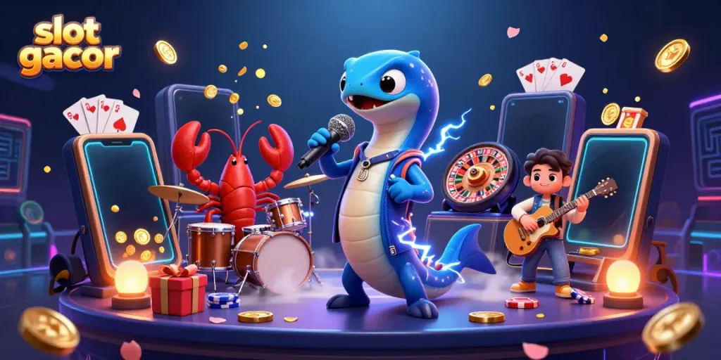 Gambar slot gacor dengan ikan elektrik DJ dan band di panggung kasino bawah laut