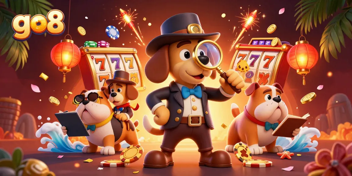 Go8 casino scene with a detective dog investigating poker chips and slot reels, vibrant and dynamic.
