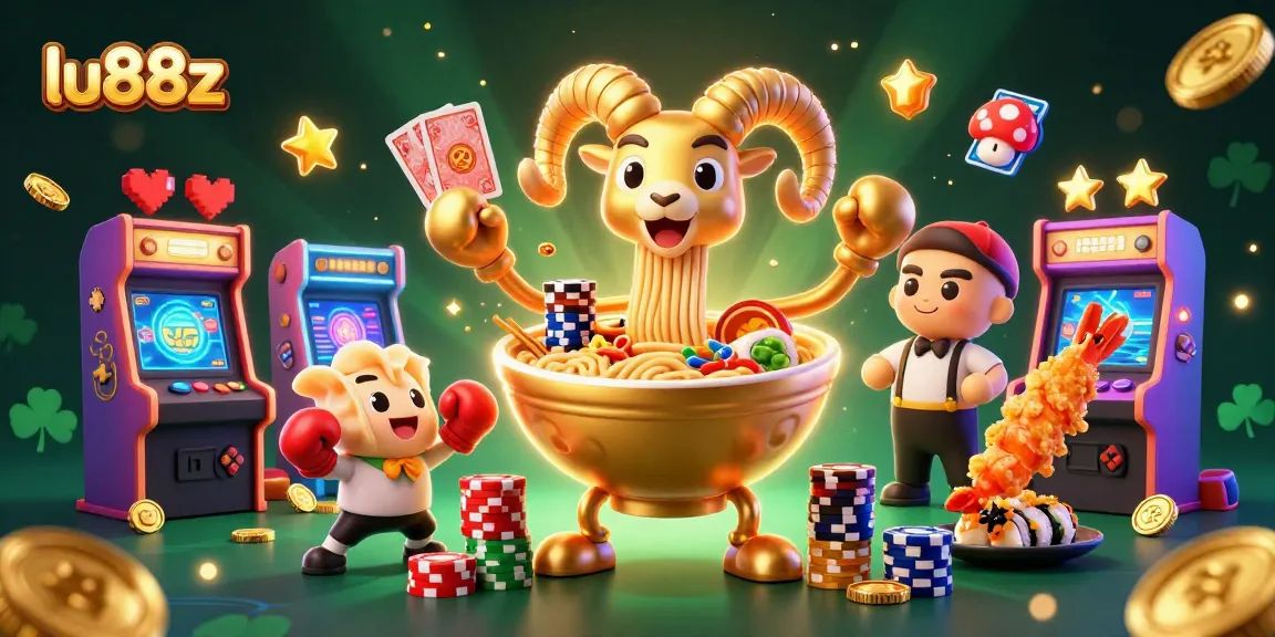 lu88z engages players as a giant ramen bowl deals cards in a lively casino scene.