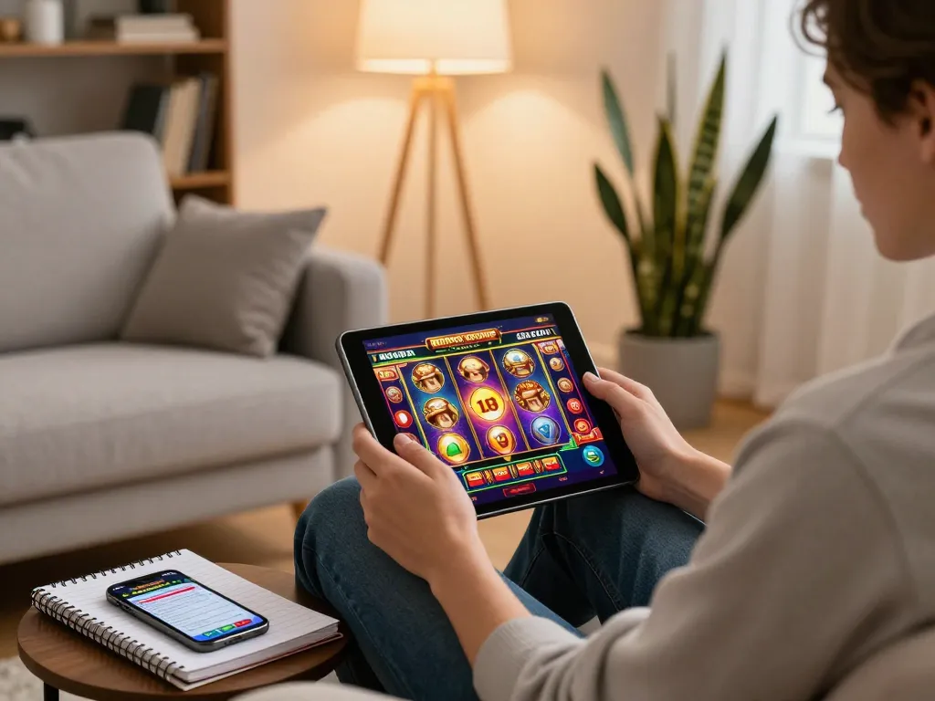 Engaging gaming session on 888newcasino app with tablet in a cozy environment.