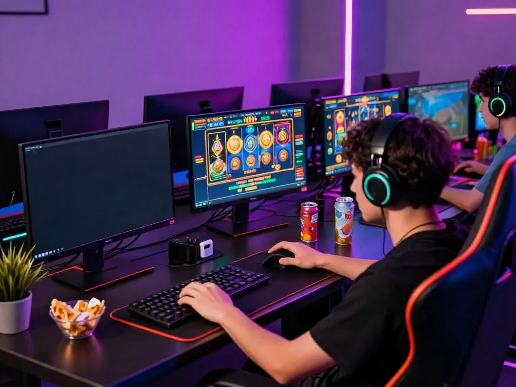 Engaging gaming setup displaying akunjp slot games with colorful graphics and ambient lighting