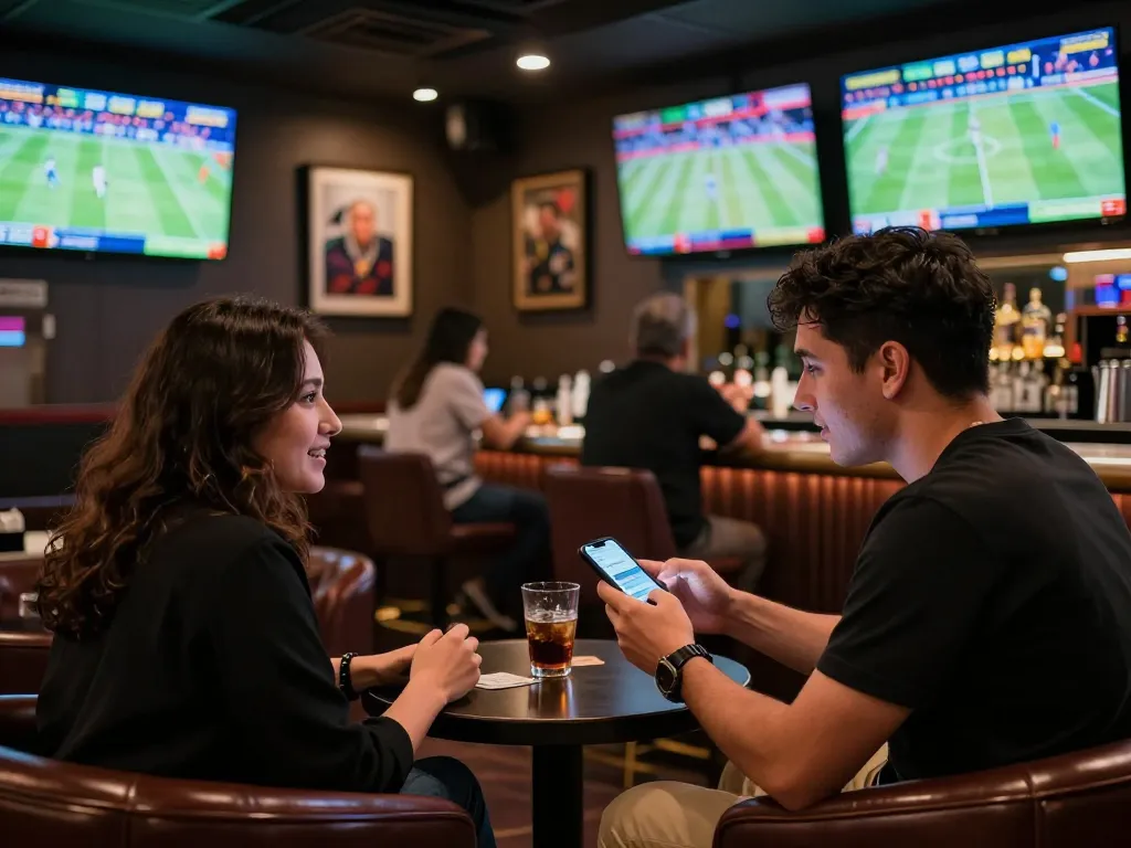 Sky88 patrons celebrating wins while using betting apps in a luxurious sports lounge atmosphere.