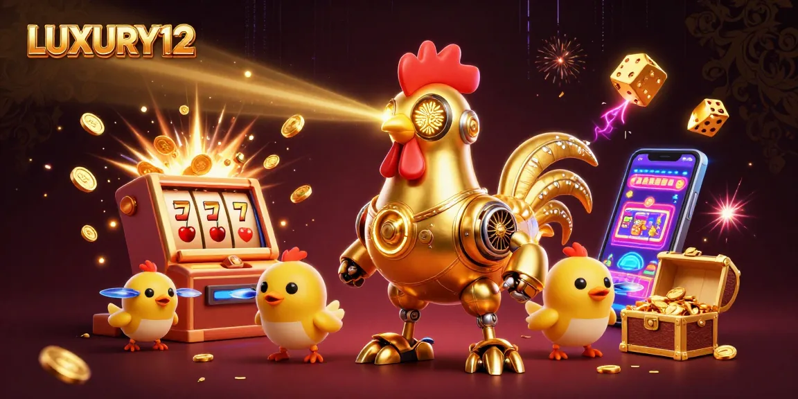 LUXURY12 guides players to jackpot wins with a vibrant 3D illustration of a golden rooster and slot machines.