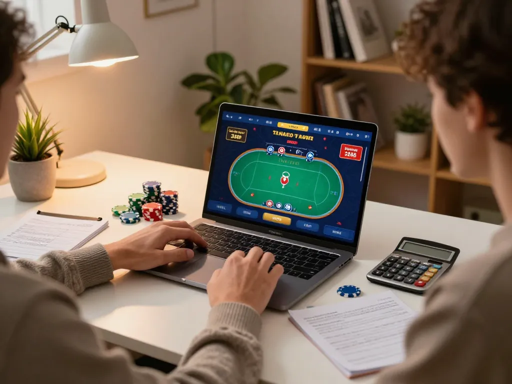 Engaging gameplay with uu88 on a laptop, showcasing an online poker strategy session at home.