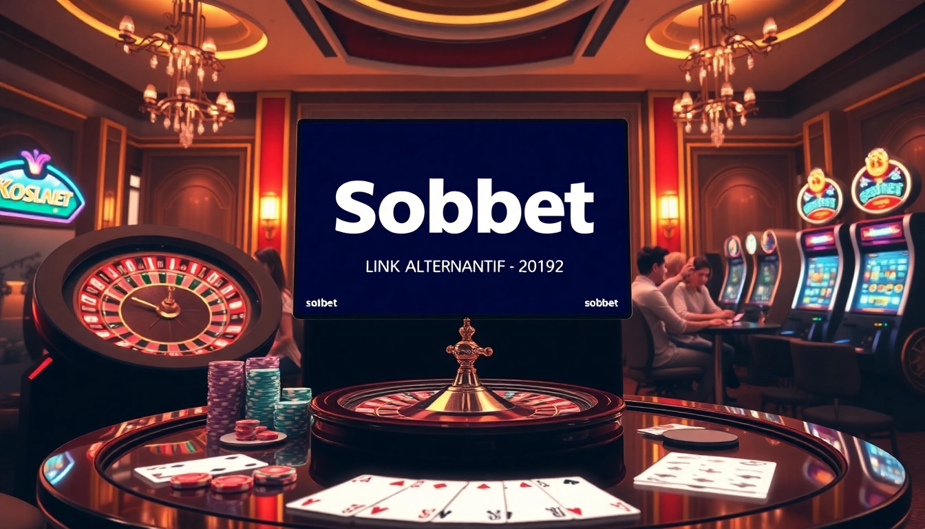 SboBet link alternatif featured in a luxurious online casino scene with players and vibrant gaming elements.