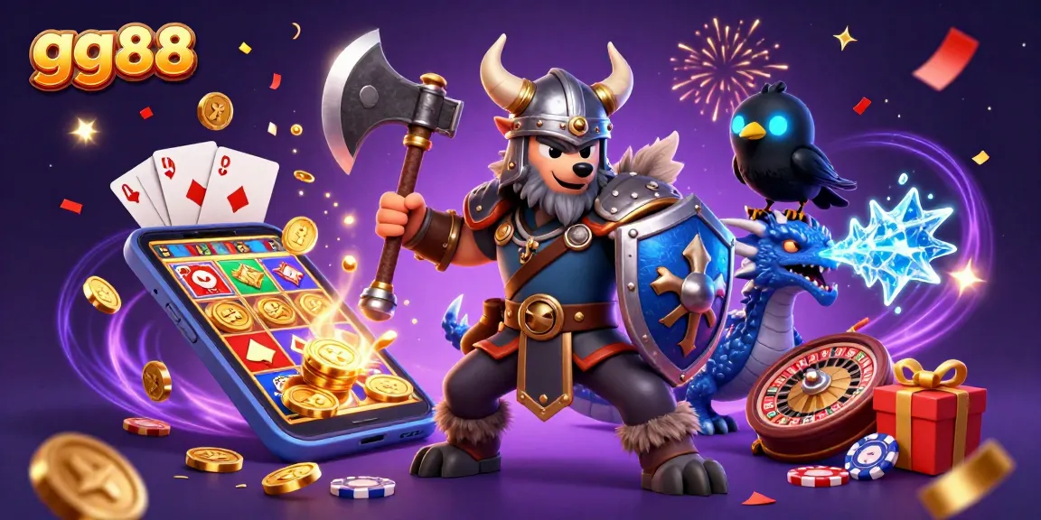 Engage with gg88's thrilling slots through a vibrant illustration showcasing dynamic gaming elements and lively characters.