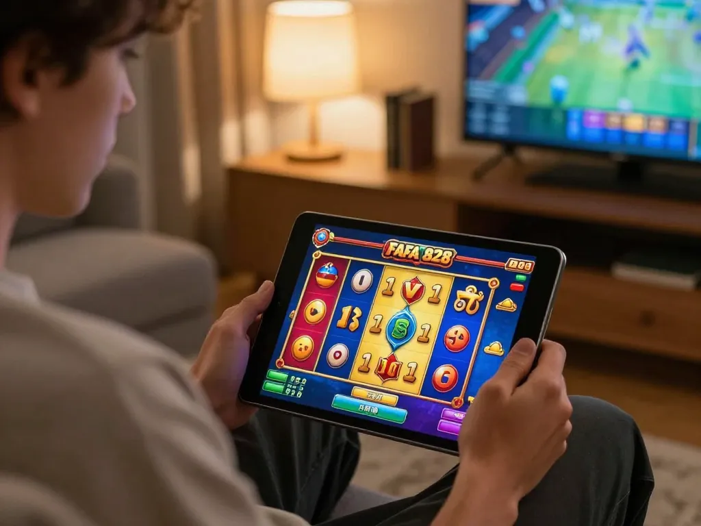 Player enjoying Fafa 828's slot games on a tablet in a cozy home setup, showcasing vibrant game interface.