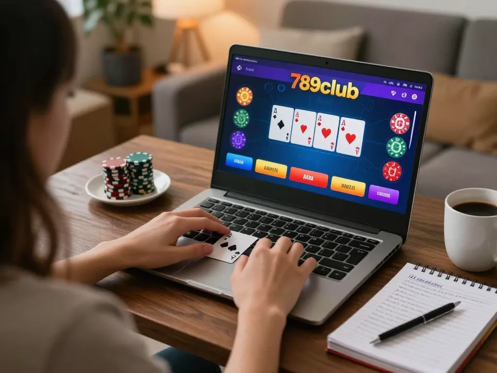 Engaged player strategizing poker on 789club in comfortable home setting