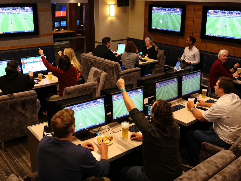 8xbet patrons enjoying the thrill of live sports betting in an upscale lounge.