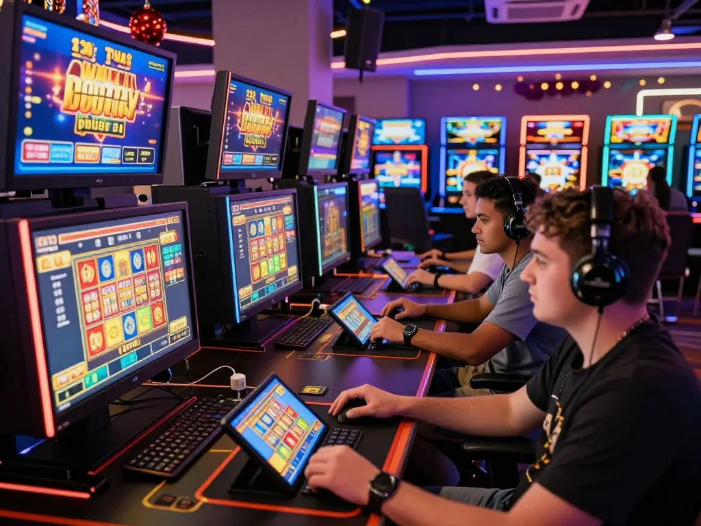 Exciting online gaming experience at zeus138 with diverse players enjoying colorful slot games in a modern lounge.