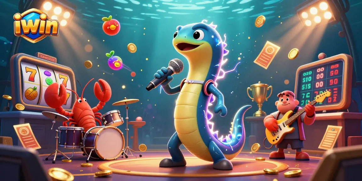 Experience the excitement of iwin with this vibrant 3D underwater casino illustration featuring dynamic characters and slot elements.