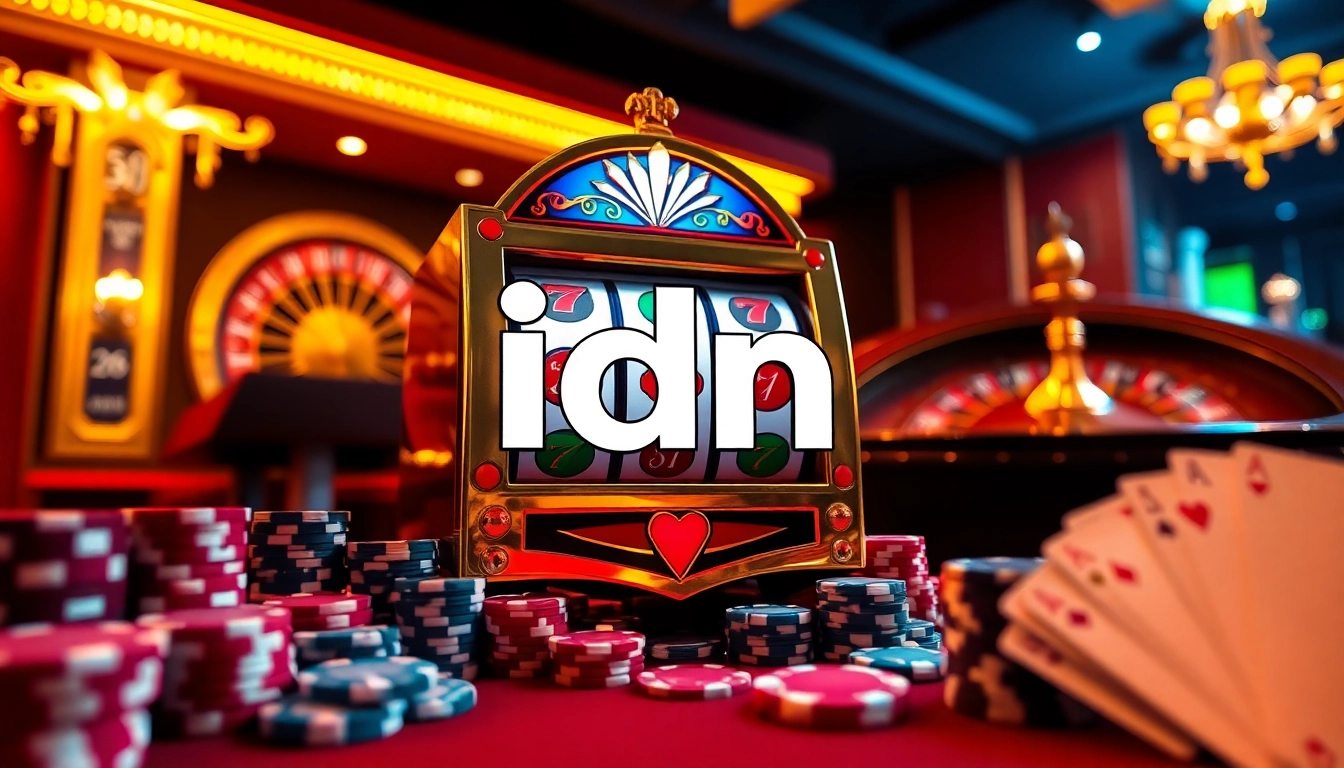 Enjoy thrilling gameplay at idn slot with poker chips and cards in a vibrant casino setting.