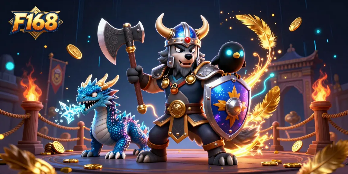 Engage with F168's thrilling gaming experience featuring a Viking warrior, dragon, and raven amidst vibrant casino elements.