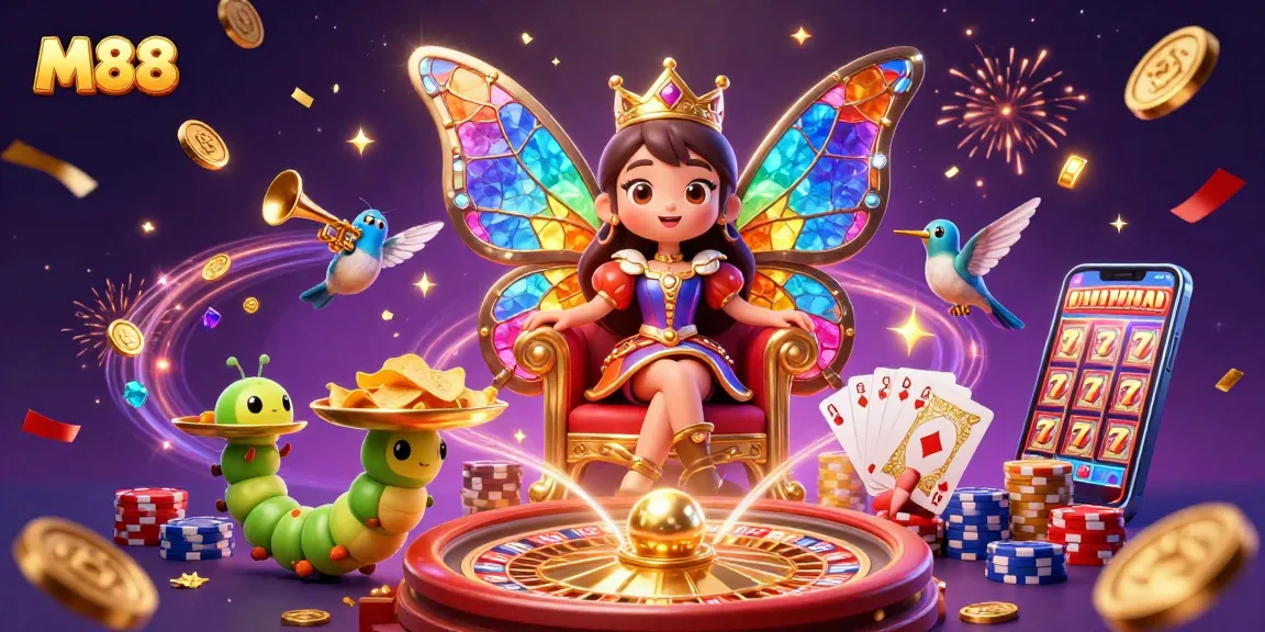 M88 promotes exciting gameplay featuring a butterfly queen and vibrant casino elements.