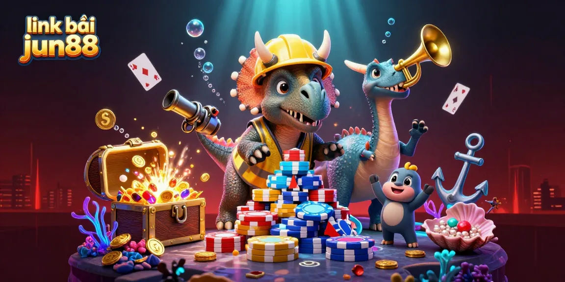 link vào jun88 showcases a vibrant casino scene with a triceratops building poker chip pyramids, celebrating gambling