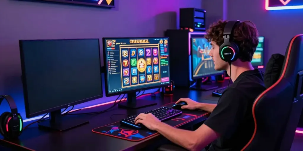 Player exploring ทดลองสล็อต at a sleek gaming setup with vibrant screen graphics.