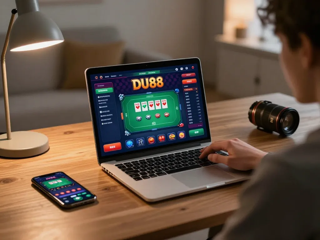 Engaging in strategic gameplay on DU88 mobile casino app from a cozy home setup.