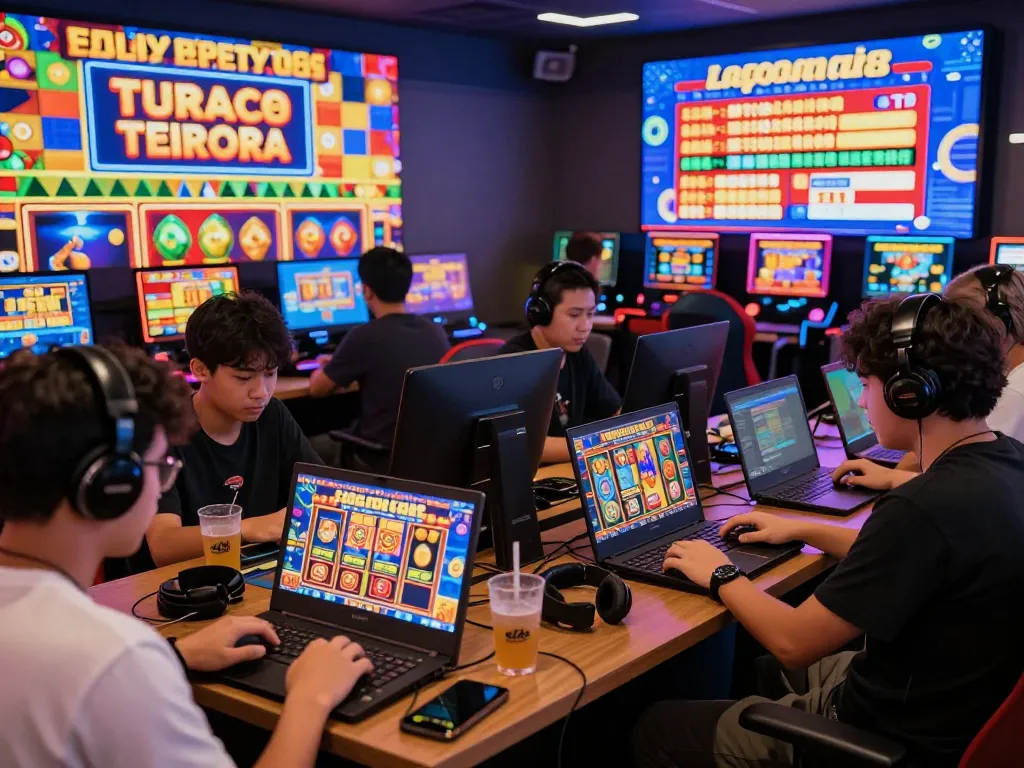 Lingkungan permainan yang menarik dengan pemain yang menikmati laoban188 slot gacor terpercaya, menampilkan grafis yang cerah dan suasana yang menarik.