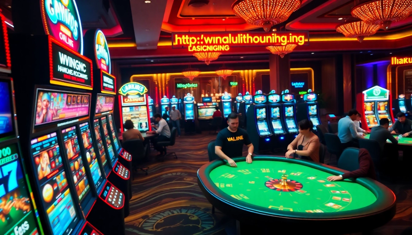 The excitement of playing at https://nohudoithuong.life/ with vibrant slot machines and roulette tables showcasing high-stakes games.
