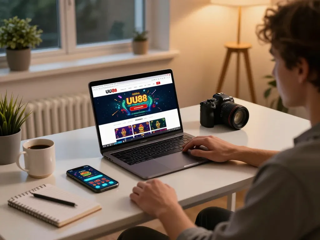 UU88 online casino setup showcasing a user engaged in responsible betting activities from home.