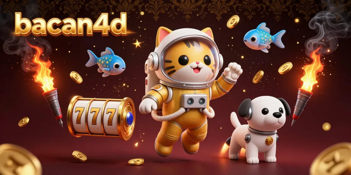 Engage with bacan4d through this vivid casino illustration featuring a space cat and robot dog amidst slot symbols.