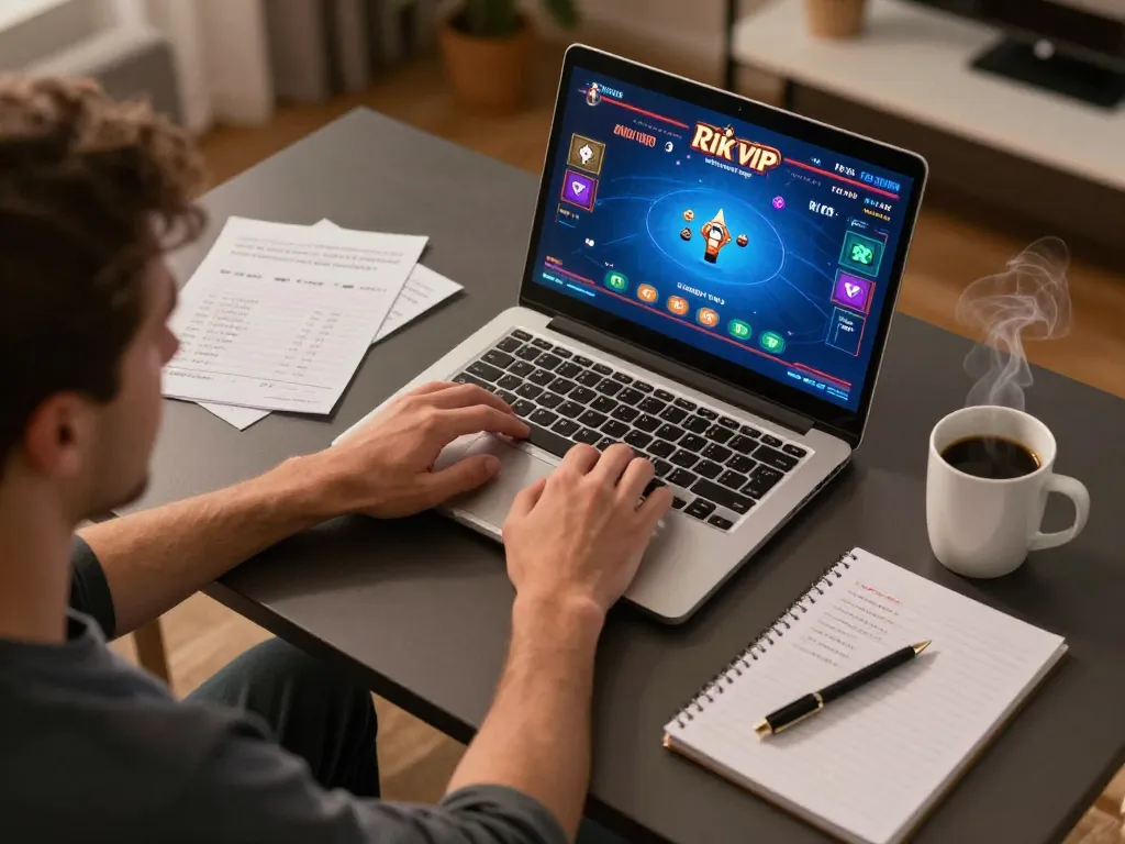 Engaging in an online poker game at home on rik vip, showcasing a focused player's setup and thoughtful strategy.