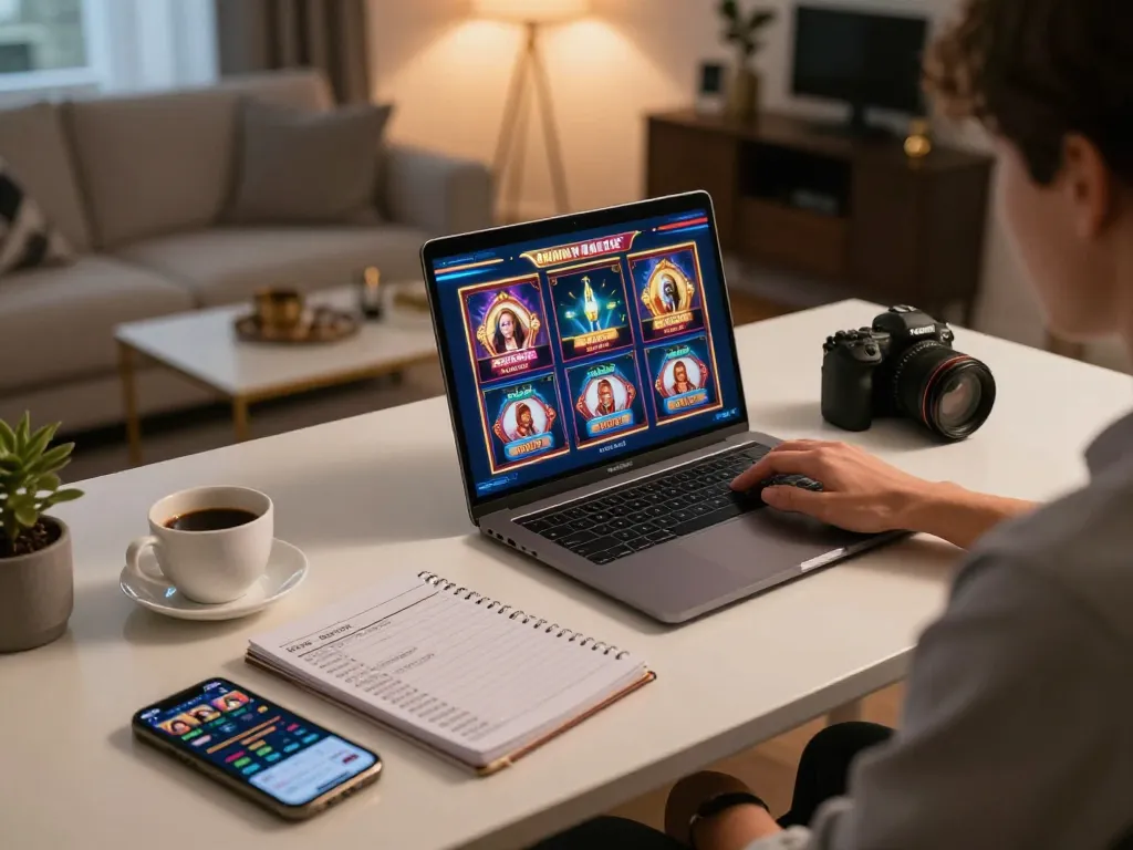 Engaged player accessing Rikvip casino app on laptop while documenting strategies.