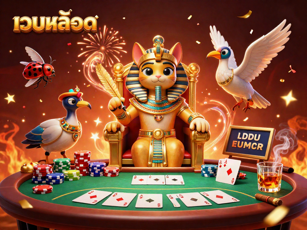 Experience เว็บสล็อต action with pharaoh cat and scribe amid vibrant poker chaos.