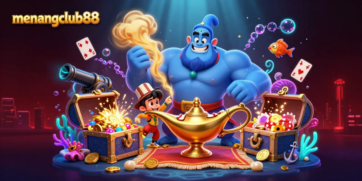 Engage in thrilling gameplay with menangclub88's vibrant 3D scene featuring a genie, monkey, and magic carpet.