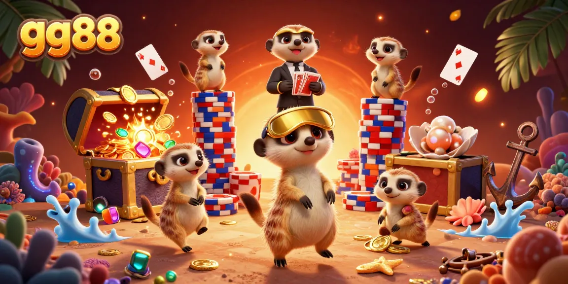 Engage with gg88 at a dynamic cartoon casino run by meerkats showcasing vibrant gaming elements.