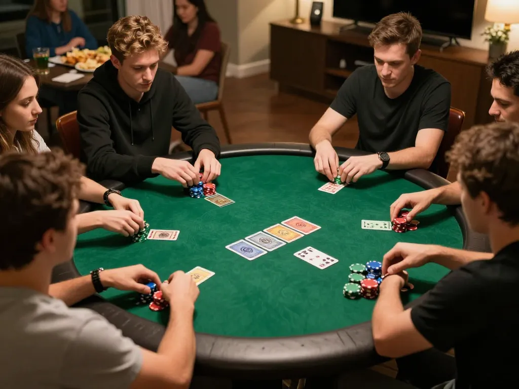 Players engaging in a lively poker game at home, illustrating the appeal of non gamstop casinos.