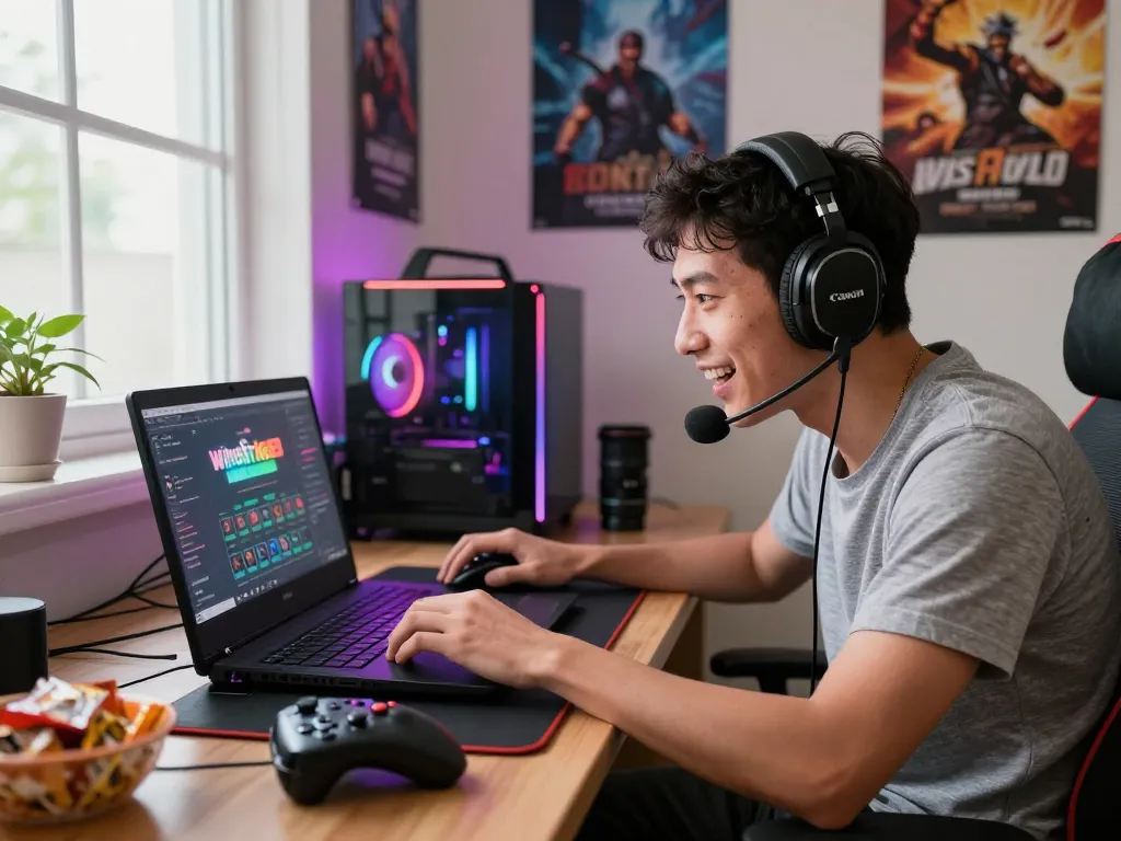 Gamer enjoying Winstrike69 online casino experience in vibrant home setup